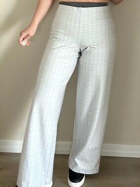 Wide-Leg Gray Plaid Window Pane Pants for Women